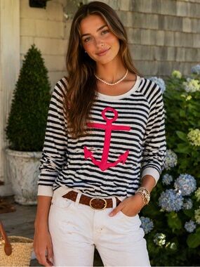 SUNDRY Nautical Stripe French Terry Anchor Top, 1/S